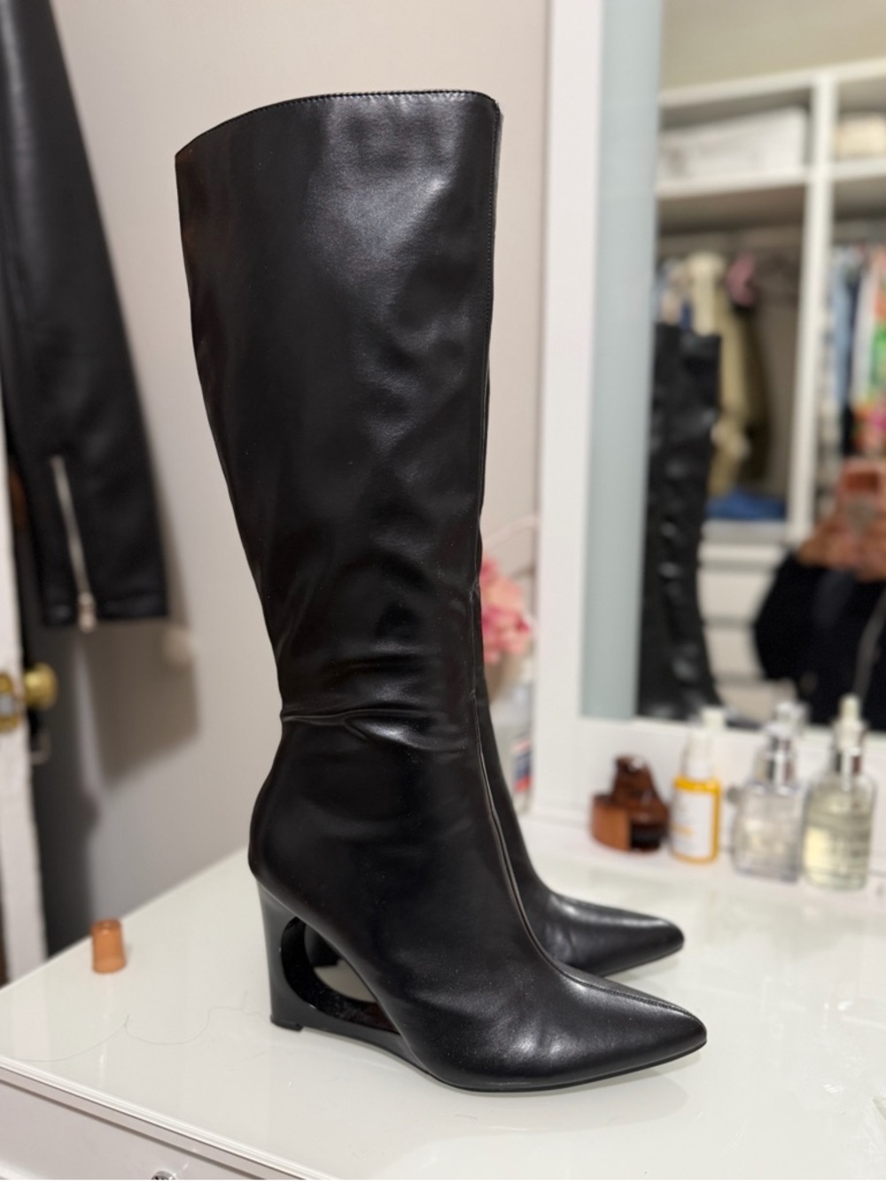 Fashion Nova Black Sculpted-Heel Knee High Boots